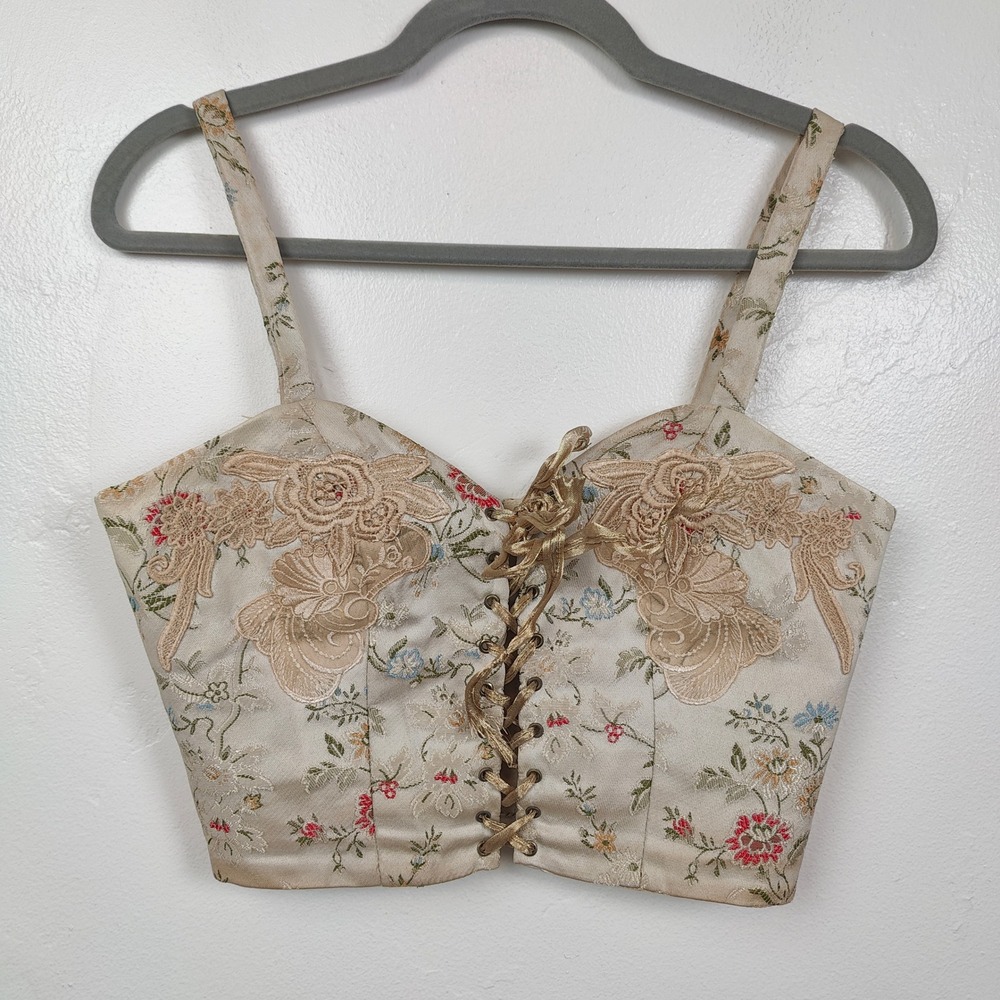Vintage 90s Linda Harris Corset Top Womens Small Floral Tapestry Lace-up Fairy - Picture 2 of 10